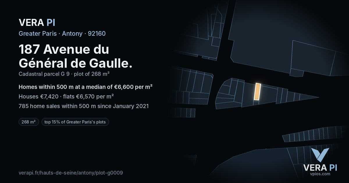 187 Avenue du Général de Gaulle, Antony at night – the plot lit, the parcels around coloured by the prices near them