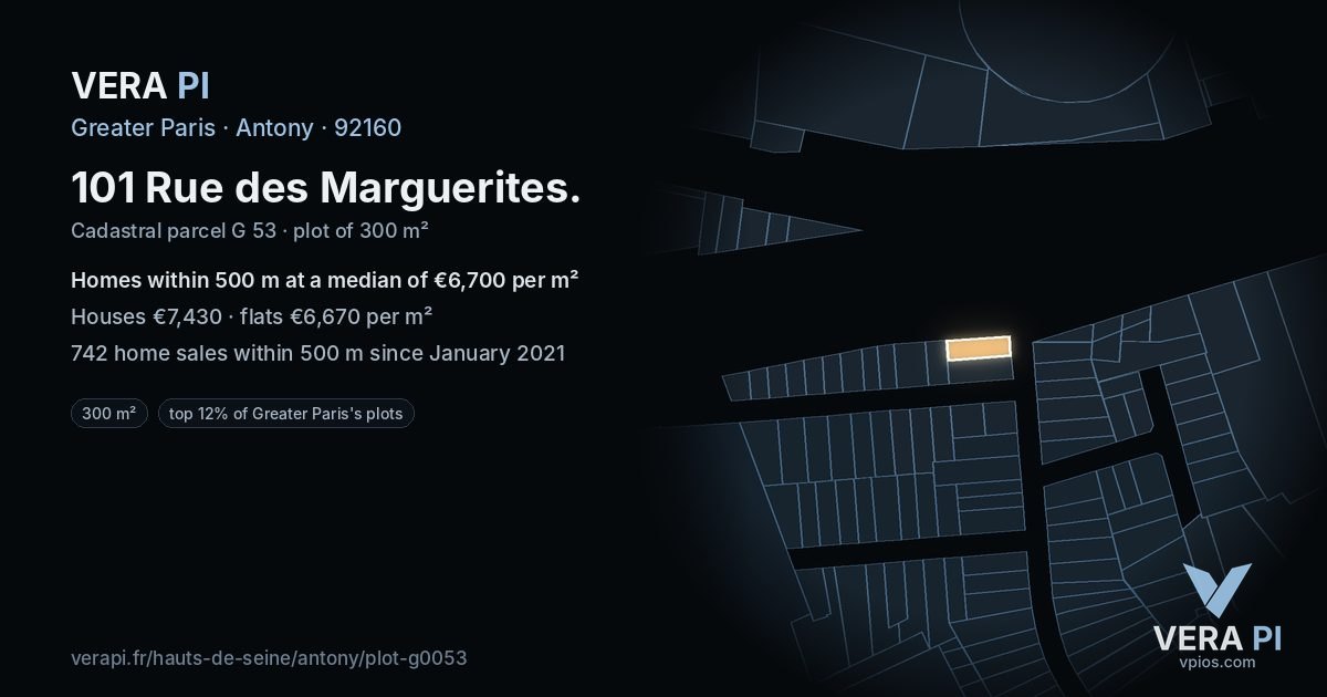 101 Rue des Marguerites, Antony at night – the plot lit, the parcels around coloured by the prices near them