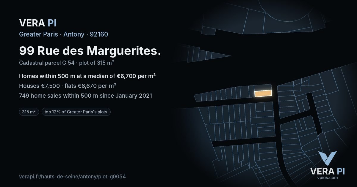 99 Rue des Marguerites, Antony at night – the plot lit, the parcels around coloured by the prices near them
