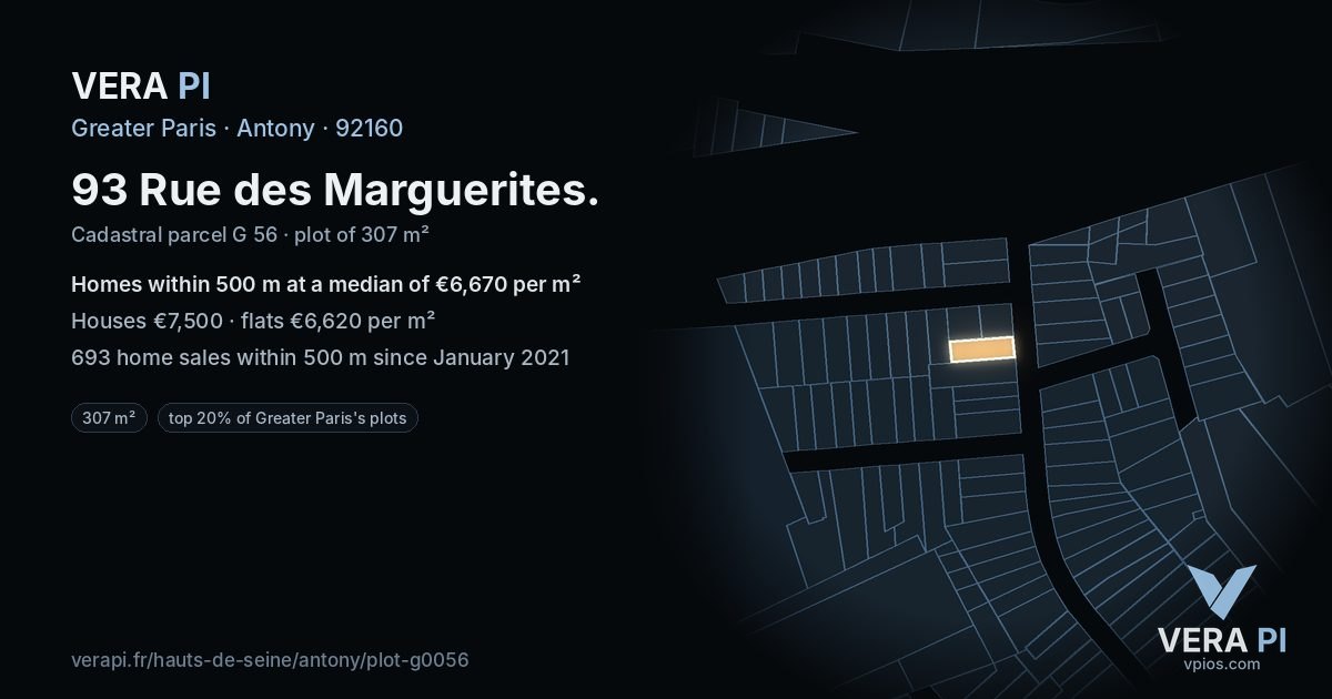 93 Rue des Marguerites, Antony at night – the plot lit, the parcels around coloured by the prices near them