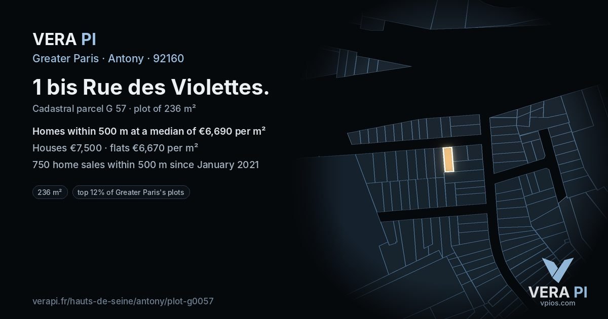 1 bis Rue des Violettes, Antony at night – the plot lit, the parcels around coloured by the prices near them