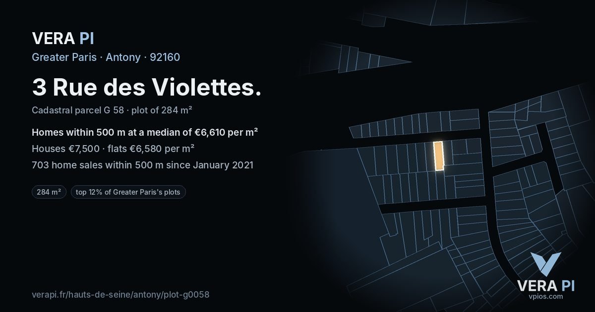 3 Rue des Violettes, Antony at night – the plot lit, the parcels around coloured by the prices near them