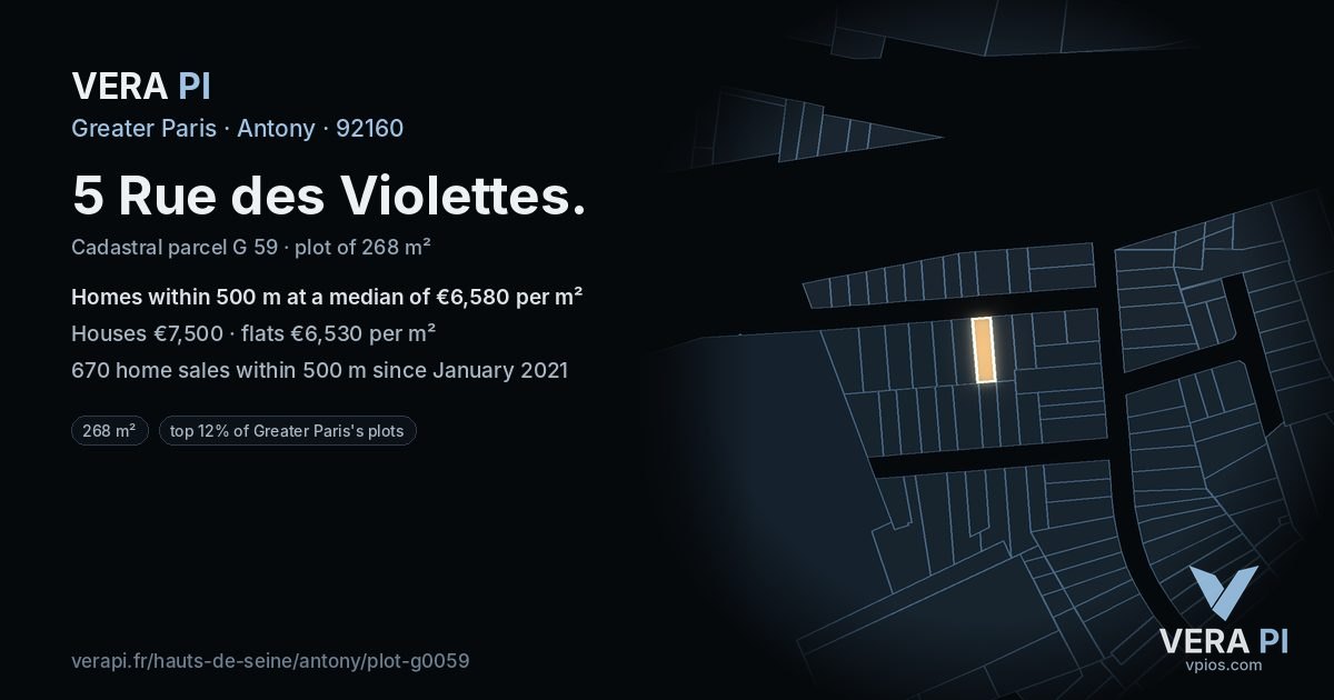 5 Rue des Violettes, Antony at night – the plot lit, the parcels around coloured by the prices near them
