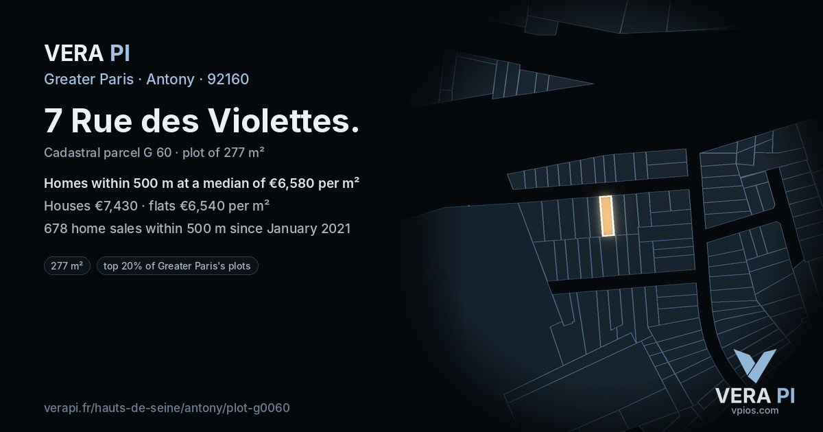 7 Rue des Violettes, Antony at night – the plot lit, the parcels around coloured by the prices near them
