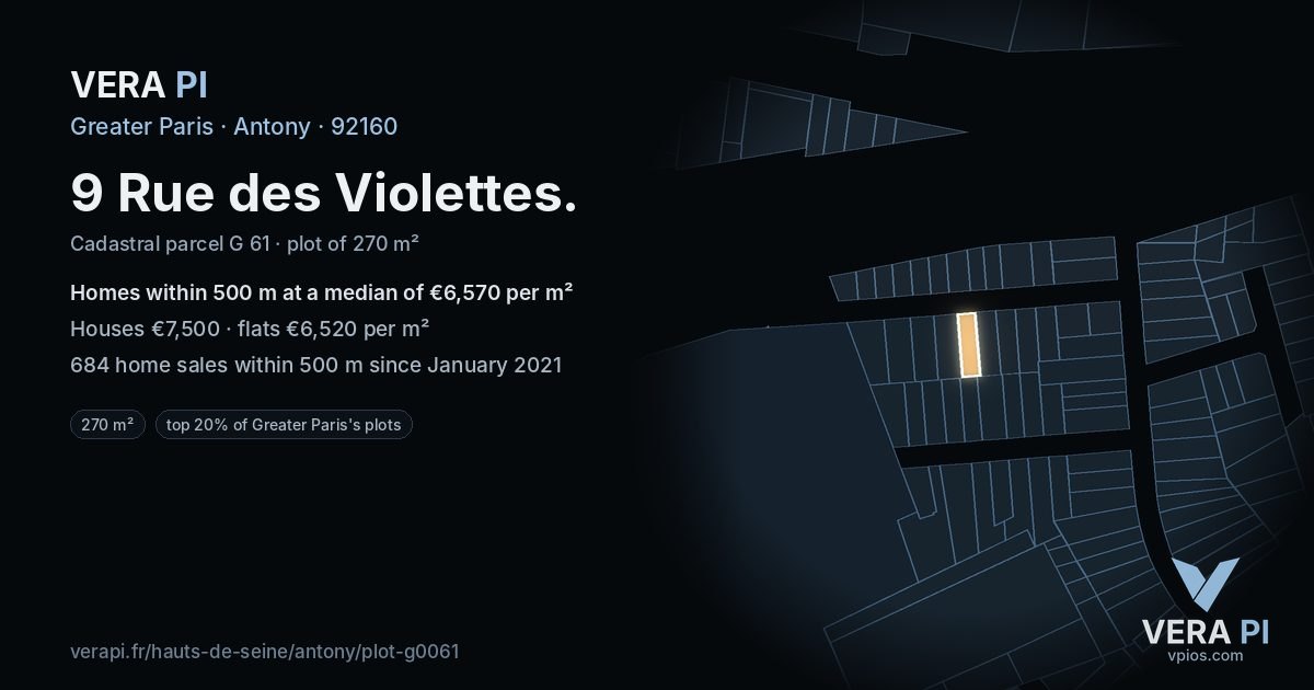 9 Rue des Violettes, Antony at night – the plot lit, the parcels around coloured by the prices near them