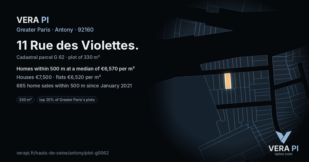 11 Rue des Violettes, Antony at night – the plot lit, the parcels around coloured by the prices near them