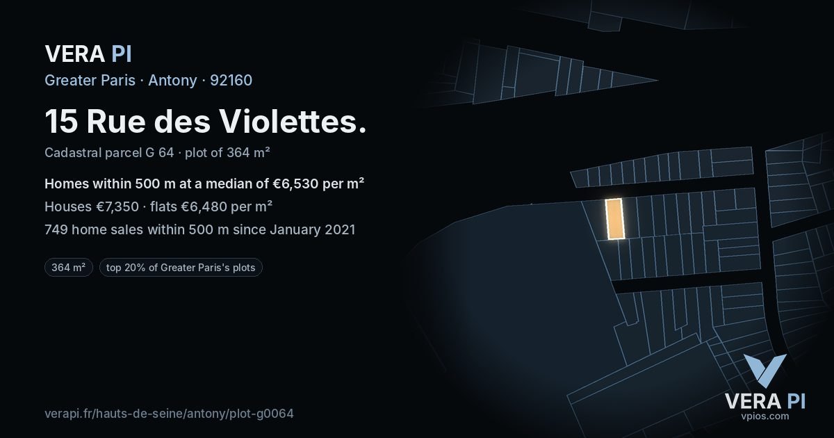 15 Rue des Violettes, Antony at night – the plot lit, the parcels around coloured by the prices near them