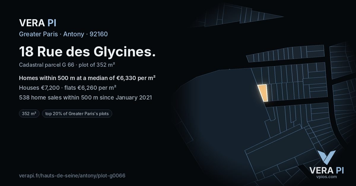 18 Rue des Glycines, Antony at night – the plot lit, the parcels around coloured by the prices near them