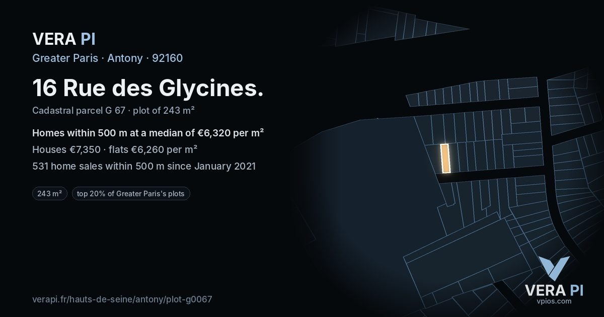 16 Rue des Glycines, Antony at night – the plot lit, the parcels around coloured by the prices near them