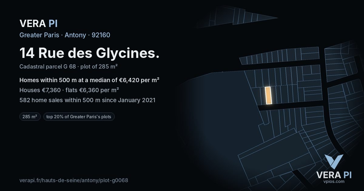 14 Rue des Glycines, Antony at night – the plot lit, the parcels around coloured by the prices near them