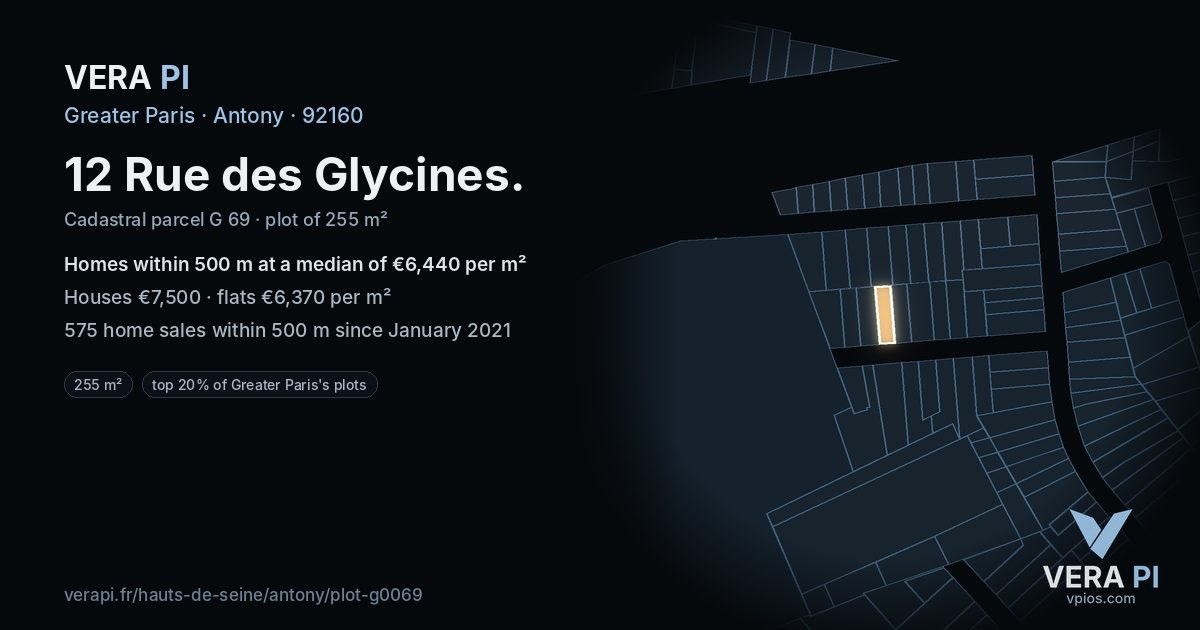 12 Rue des Glycines, Antony at night – the plot lit, the parcels around coloured by the prices near them