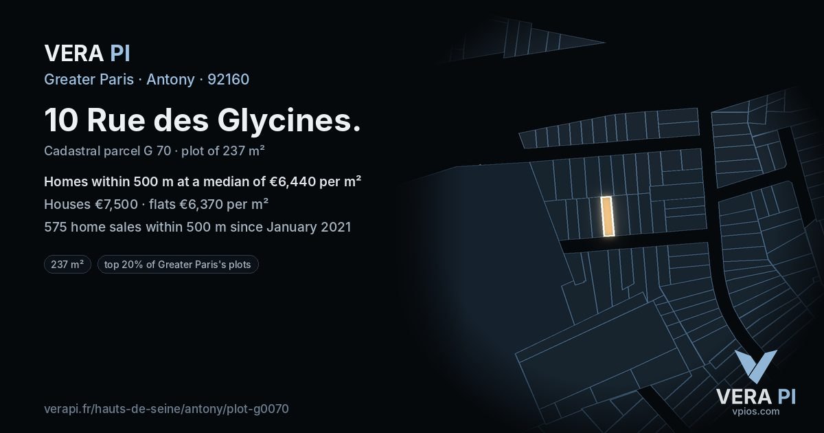 10 Rue des Glycines, Antony at night – the plot lit, the parcels around coloured by the prices near them