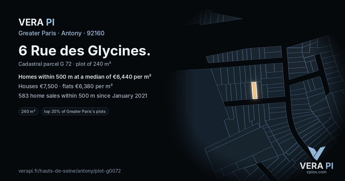 6 Rue des Glycines, Antony at night – the plot lit, the parcels around coloured by the prices near them
