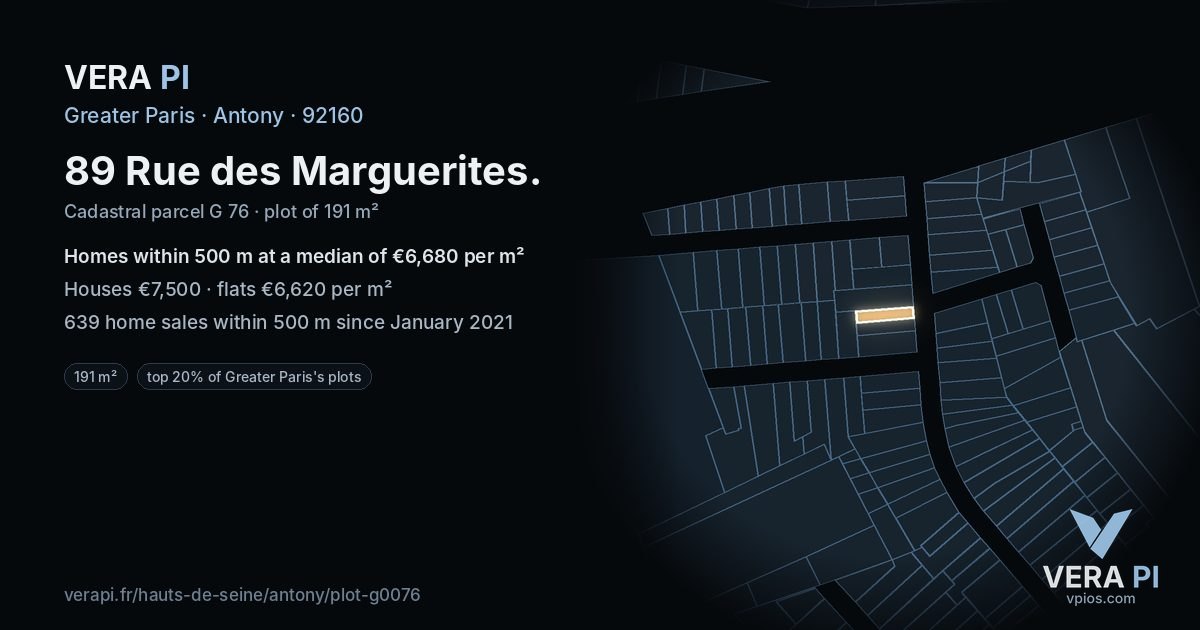 89 Rue des Marguerites, Antony at night – the plot lit, the parcels around coloured by the prices near them