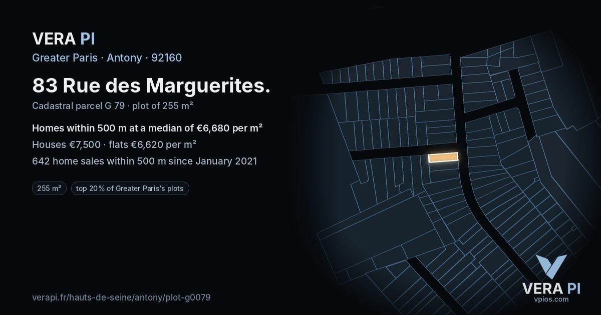 83 Rue des Marguerites, Antony at night – the plot lit, the parcels around coloured by the prices near them