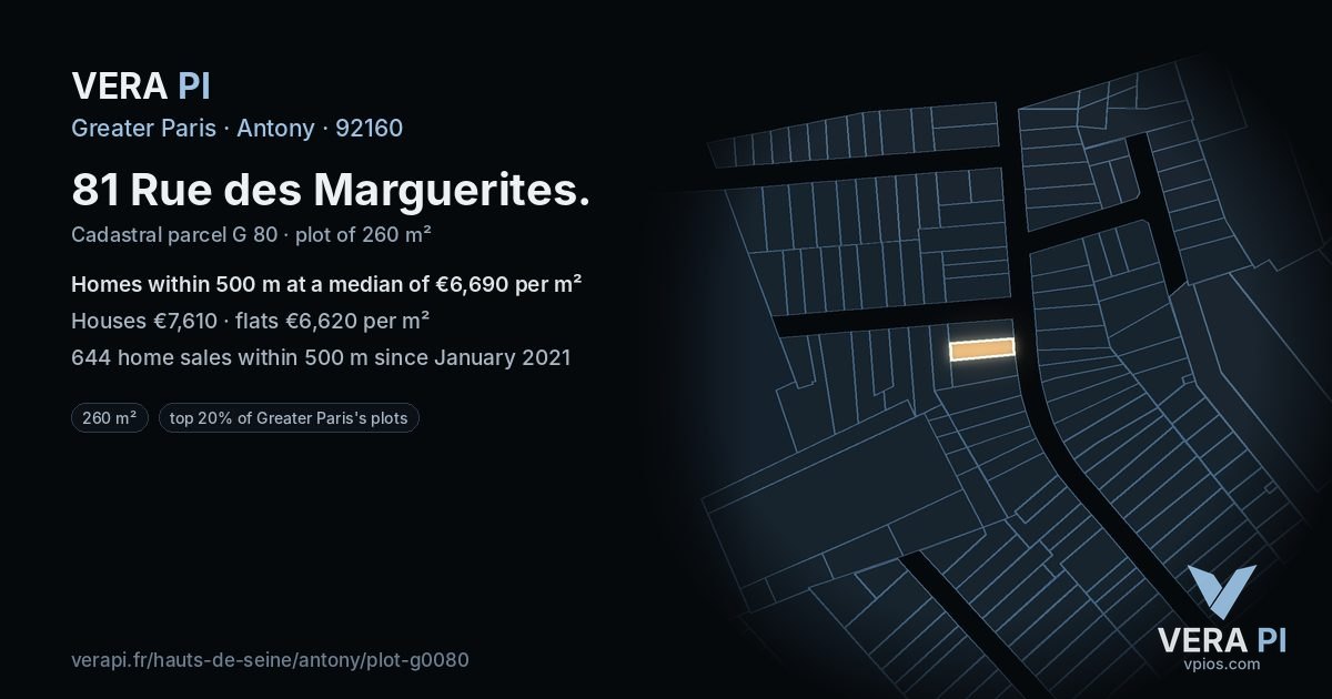 81 Rue des Marguerites, Antony at night – the plot lit, the parcels around coloured by the prices near them