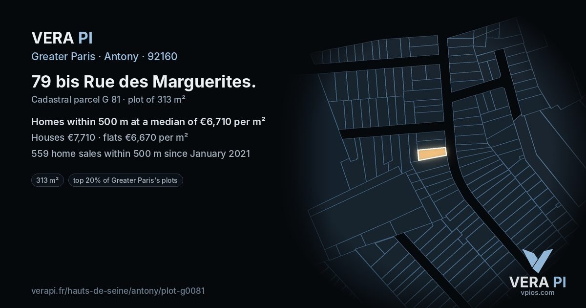 79 bis Rue des Marguerites, Antony at night – the plot lit, the parcels around coloured by the prices near them
