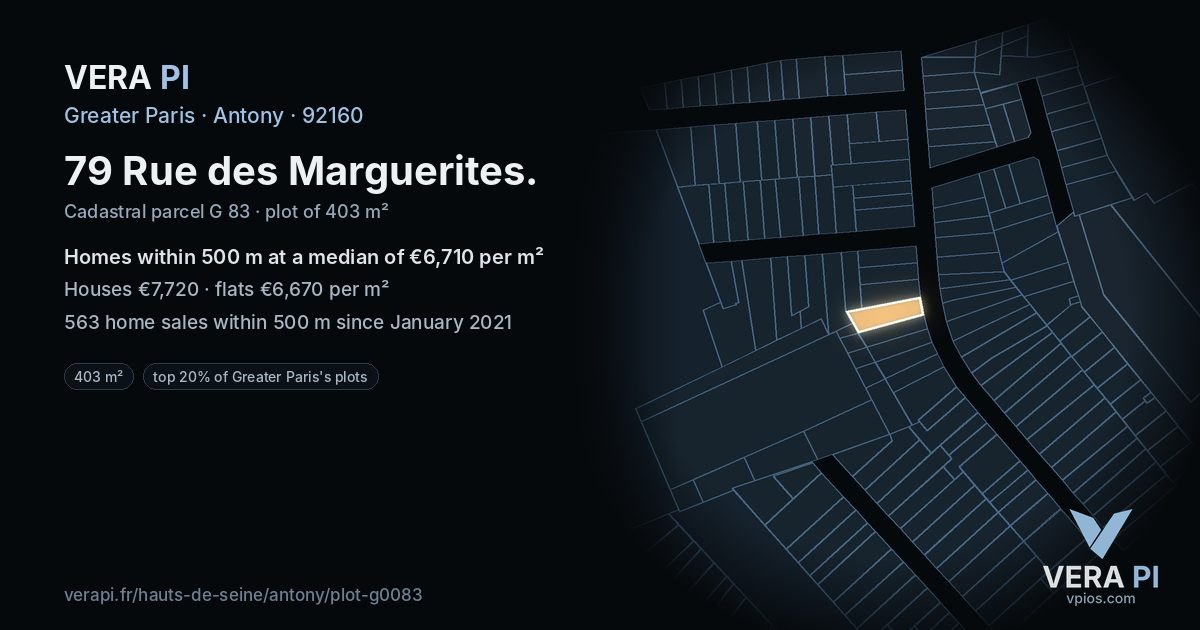 79 Rue des Marguerites, Antony at night – the plot lit, the parcels around coloured by the prices near them