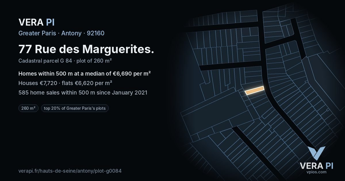 77 Rue des Marguerites, Antony at night – the plot lit, the parcels around coloured by the prices near them