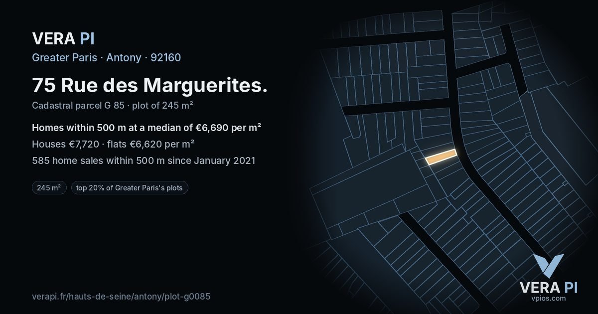75 Rue des Marguerites, Antony at night – the plot lit, the parcels around coloured by the prices near them