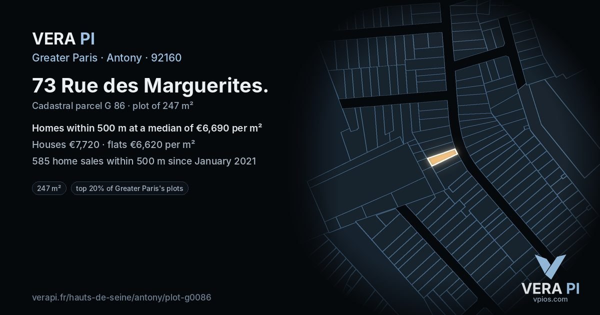 73 Rue des Marguerites, Antony at night – the plot lit, the parcels around coloured by the prices near them