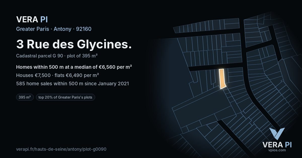 3 Rue des Glycines, Antony at night – the plot lit, the parcels around coloured by the prices near them