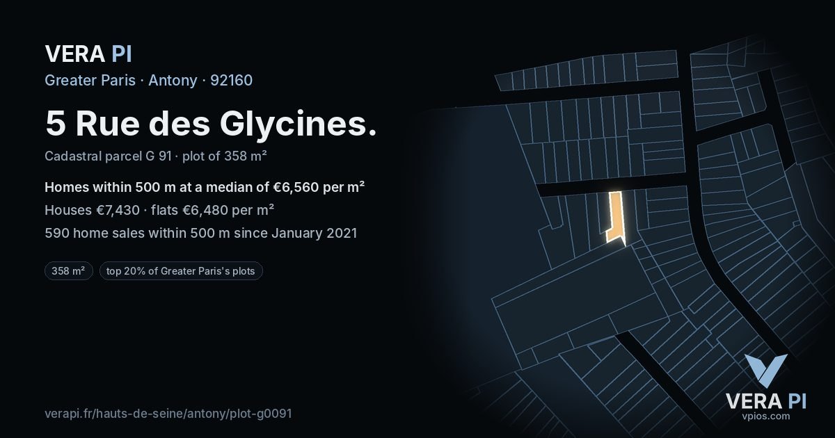 5 Rue des Glycines, Antony at night – the plot lit, the parcels around coloured by the prices near them
