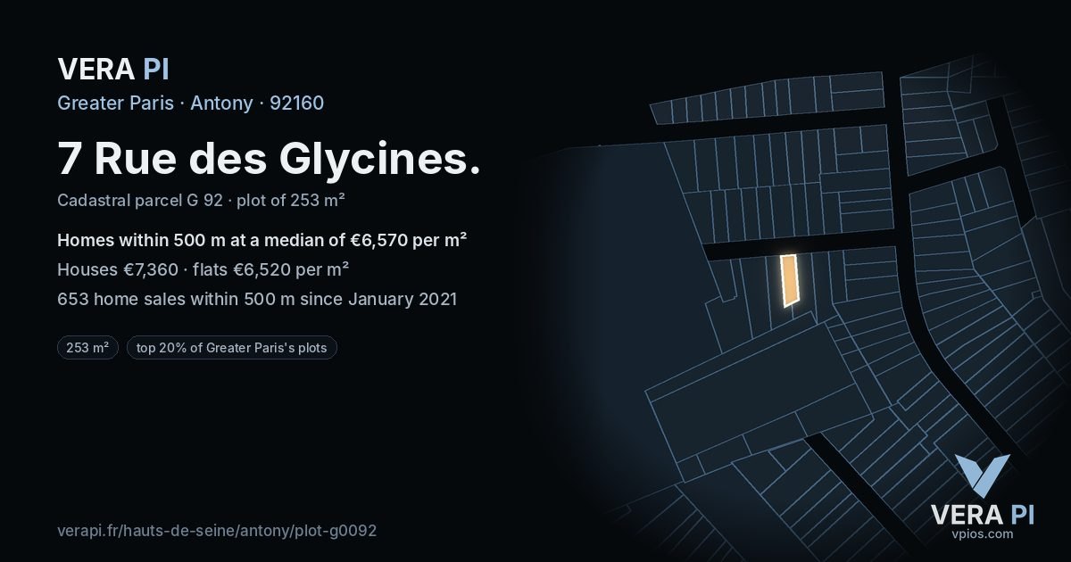 7 Rue des Glycines, Antony at night – the plot lit, the parcels around coloured by the prices near them