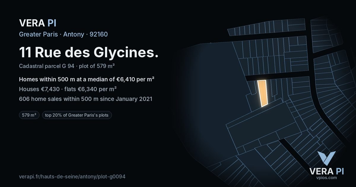 11 Rue des Glycines, Antony at night – the plot lit, the parcels around coloured by the prices near them