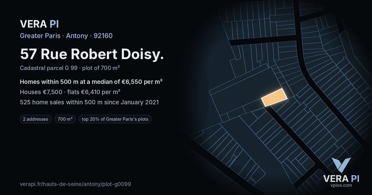 57 Rue Robert Doisy, Antony at night – the plot lit, the parcels around coloured by the prices near them