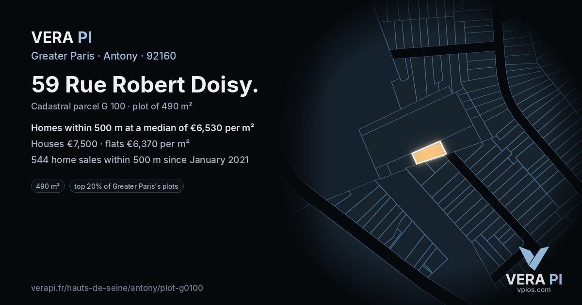 59 Rue Robert Doisy, Antony at night – the plot lit, the parcels around coloured by the prices near them