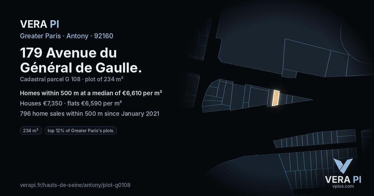 179 Avenue du Général de Gaulle, Antony at night – the plot lit, the parcels around coloured by the prices near them