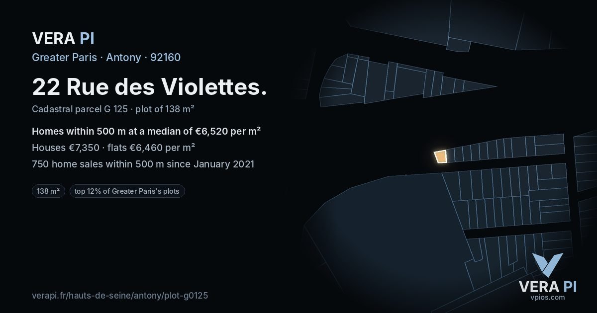 22 Rue des Violettes, Antony at night – the plot lit, the parcels around coloured by the prices near them