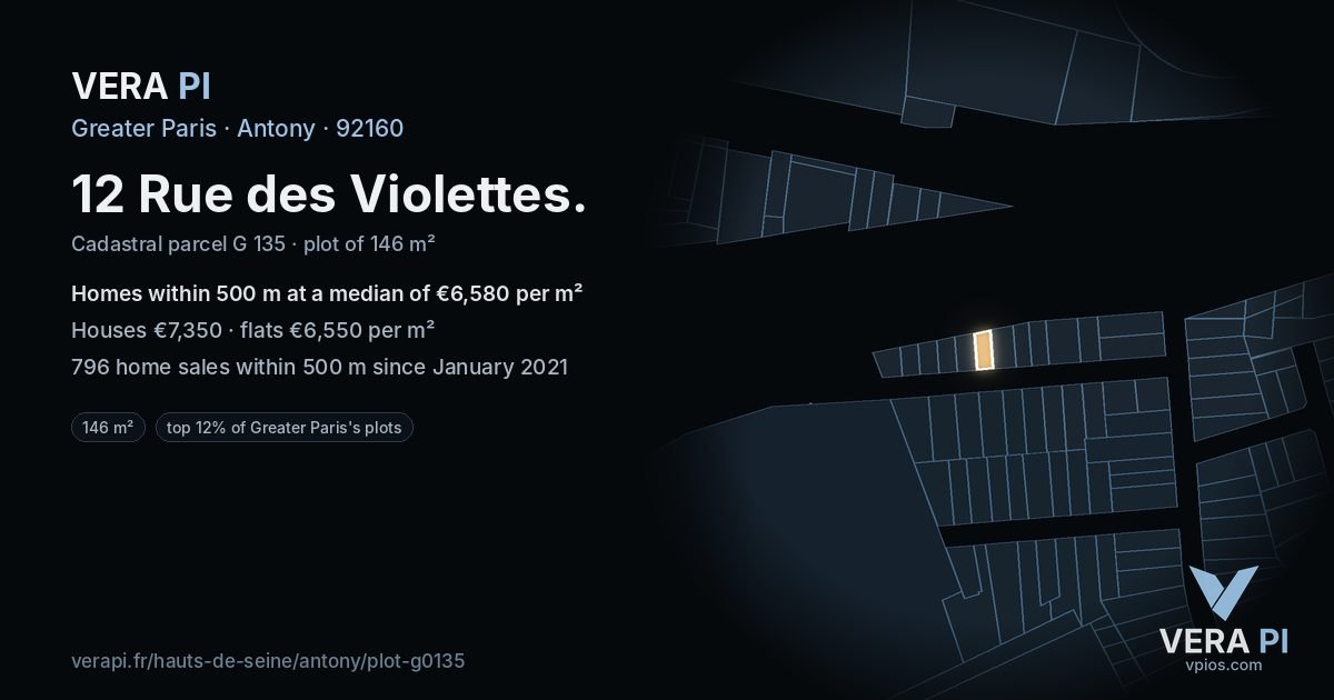 12 Rue des Violettes, Antony at night – the plot lit, the parcels around coloured by the prices near them