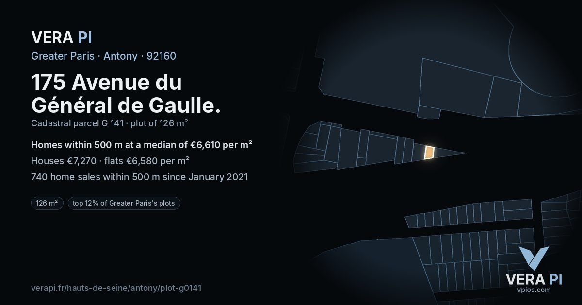 175 Avenue du Général de Gaulle, Antony at night – the plot lit, the parcels around coloured by the prices near them