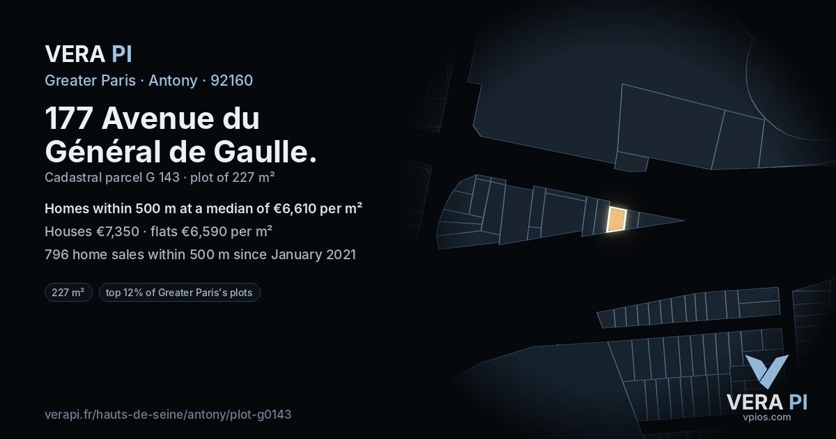 177 Avenue du Général de Gaulle, Antony at night – the plot lit, the parcels around coloured by the prices near them