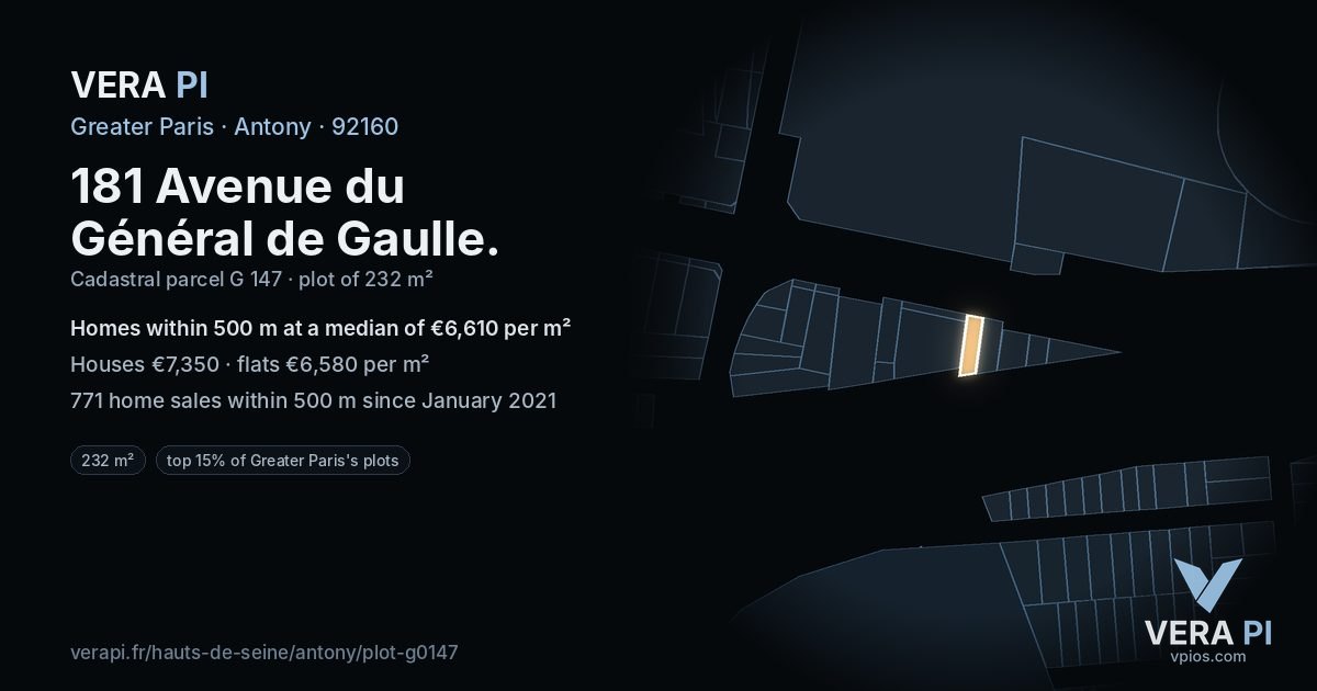 181 Avenue du Général de Gaulle, Antony at night – the plot lit, the parcels around coloured by the prices near them