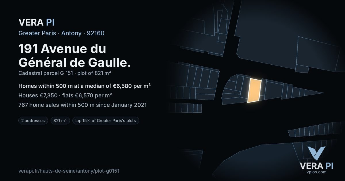 191 Avenue du Général de Gaulle, Antony at night – the plot lit, the parcels around coloured by the prices near them