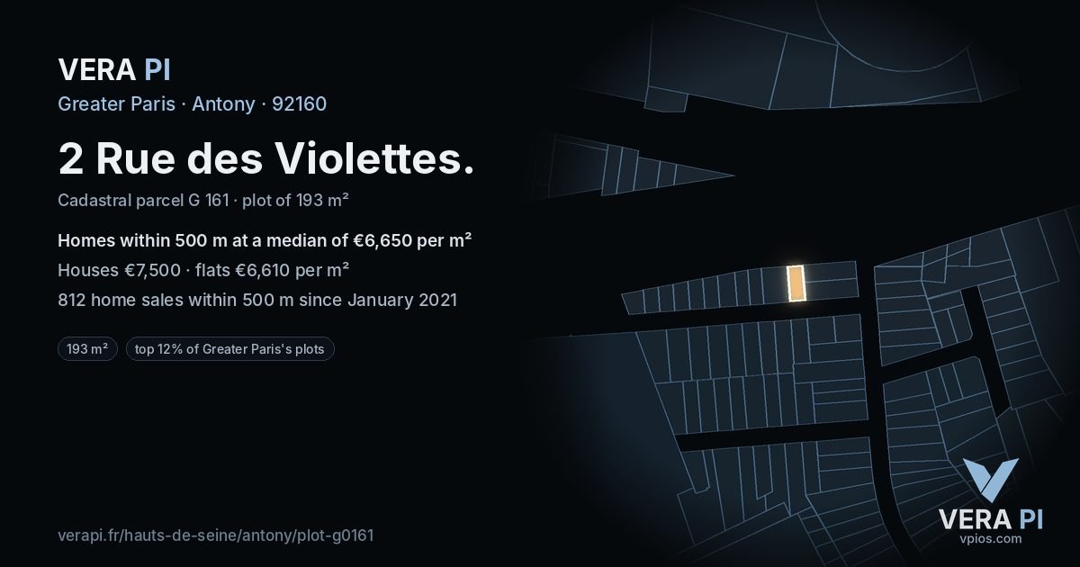2 Rue des Violettes, Antony at night – the plot lit, the parcels around coloured by the prices near them