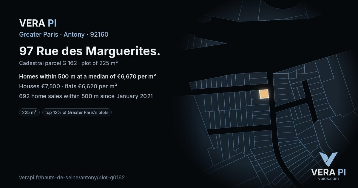 97 Rue des Marguerites, Antony at night – the plot lit, the parcels around coloured by the prices near them