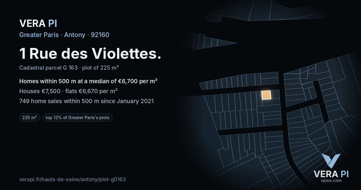 1 Rue des Violettes, Antony at night – the plot lit, the parcels around coloured by the prices near them