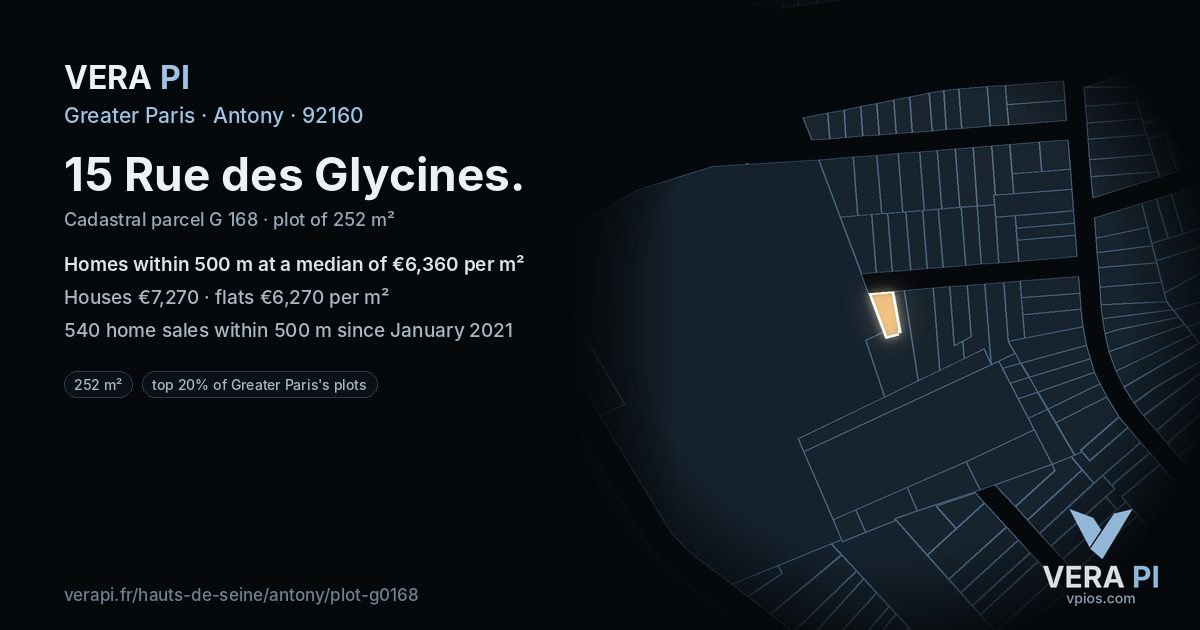 15 Rue des Glycines, Antony at night – the plot lit, the parcels around coloured by the prices near them