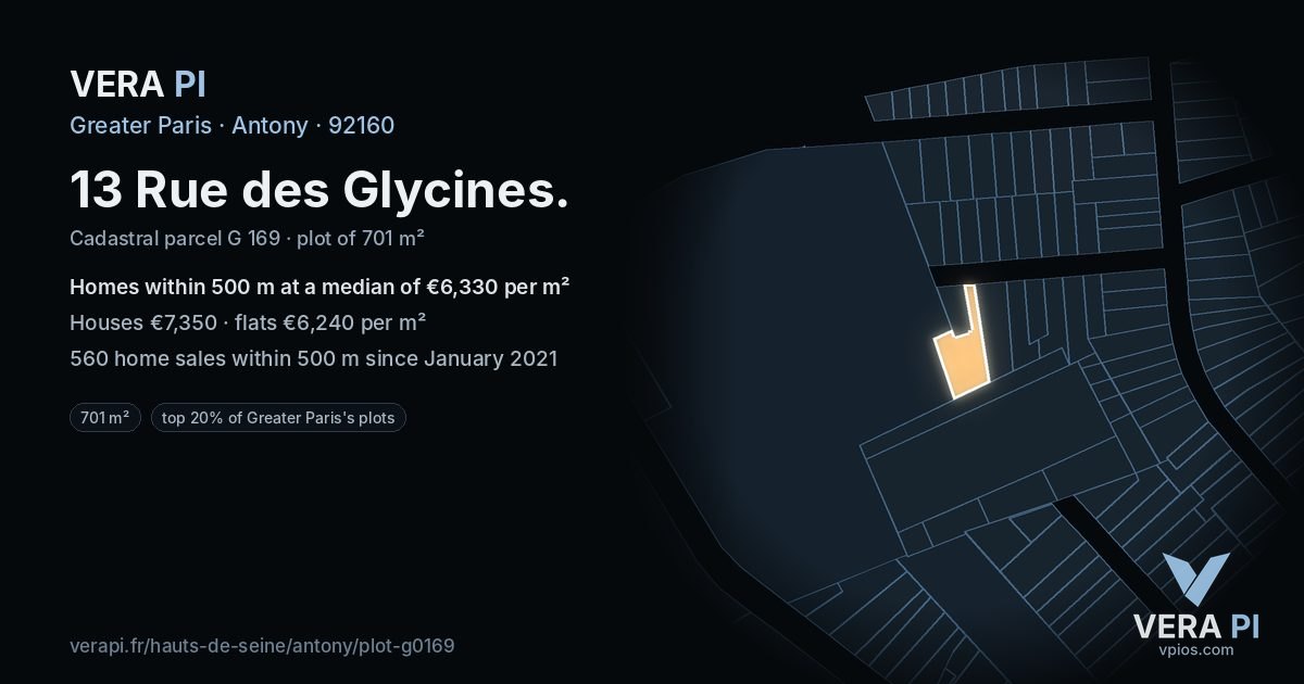 13 Rue des Glycines, Antony at night – the plot lit, the parcels around coloured by the prices near them