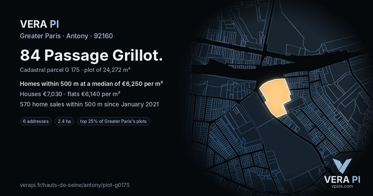 84 Passage Grillot, Antony at night – the plot lit, the parcels around coloured by the prices near them