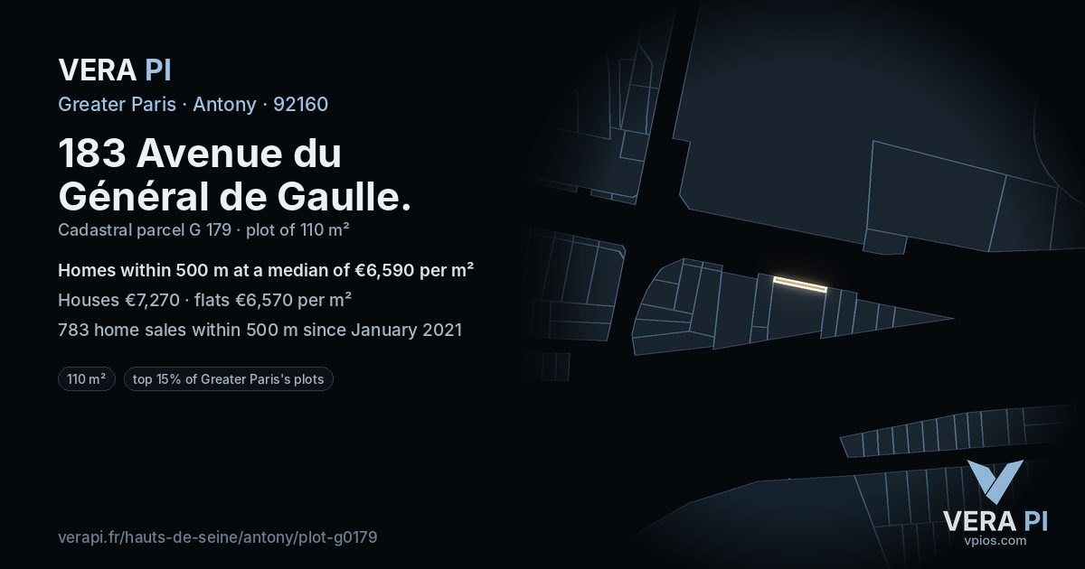 183 Avenue du Général de Gaulle, Antony at night – the plot lit, the parcels around coloured by the prices near them