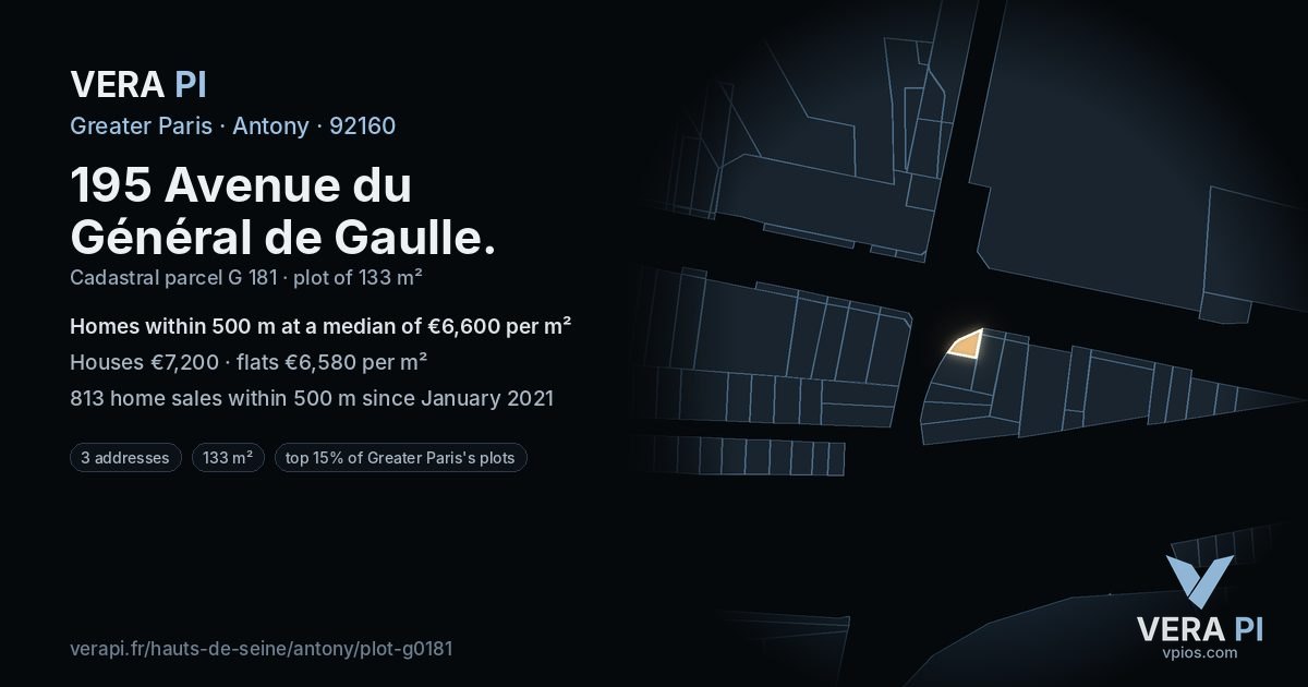 195 Avenue du Général de Gaulle, Antony at night – the plot lit, the parcels around coloured by the prices near them