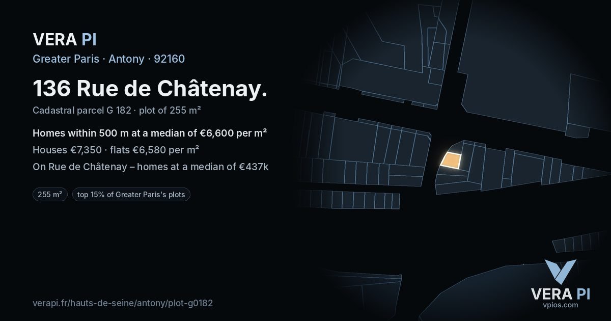 136 Rue de Châtenay, Antony at night – the plot lit, the parcels around coloured by the prices near them