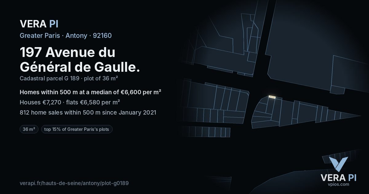 197 Avenue du Général de Gaulle, Antony at night – the plot lit, the parcels around coloured by the prices near them