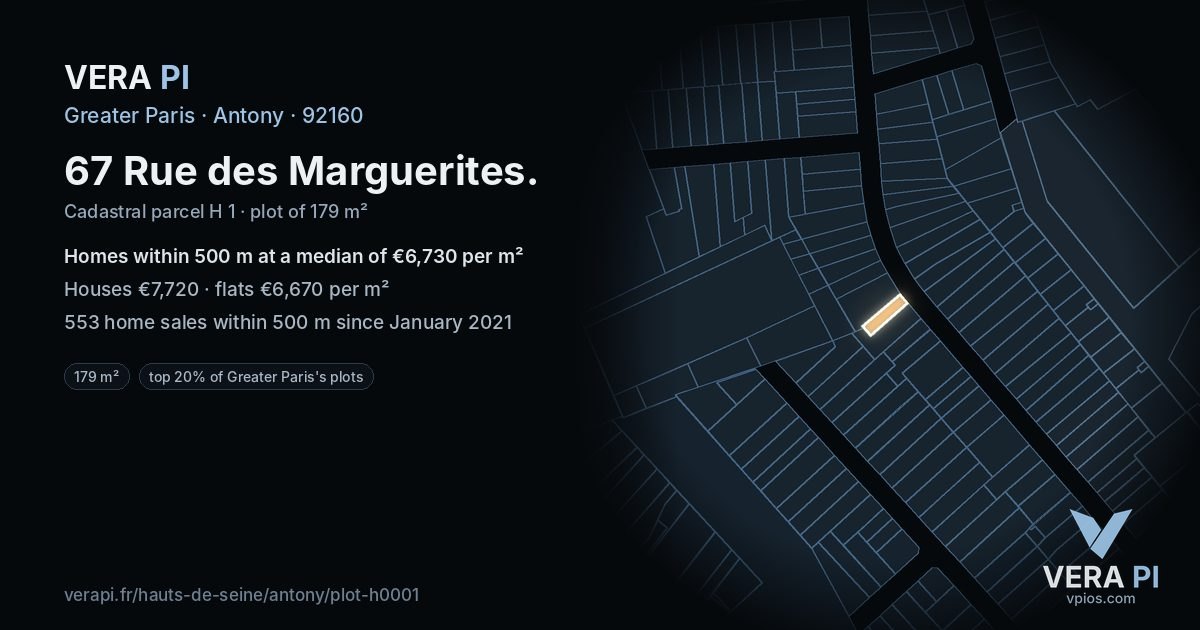 67 Rue des Marguerites, Antony at night – the plot lit, the parcels around coloured by the prices near them