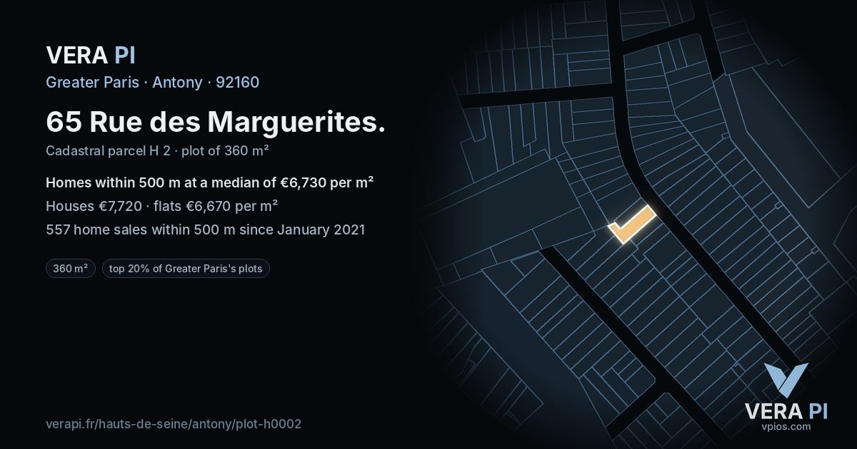 65 Rue des Marguerites, Antony at night – the plot lit, the parcels around coloured by the prices near them
